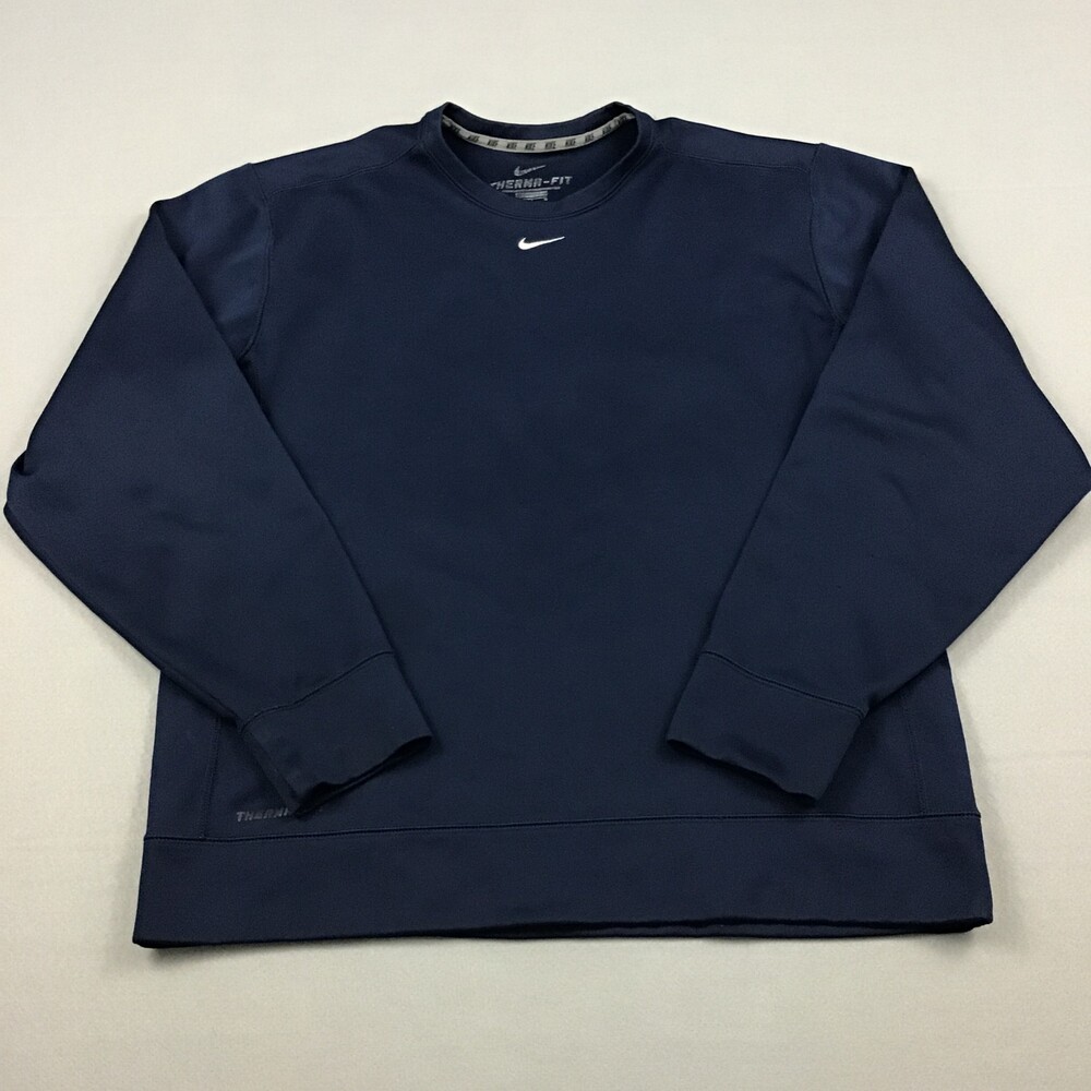 Nike Sweatshirt Men Large Blue Solid Logo Crew Therma Fit Pullover Sweater L *